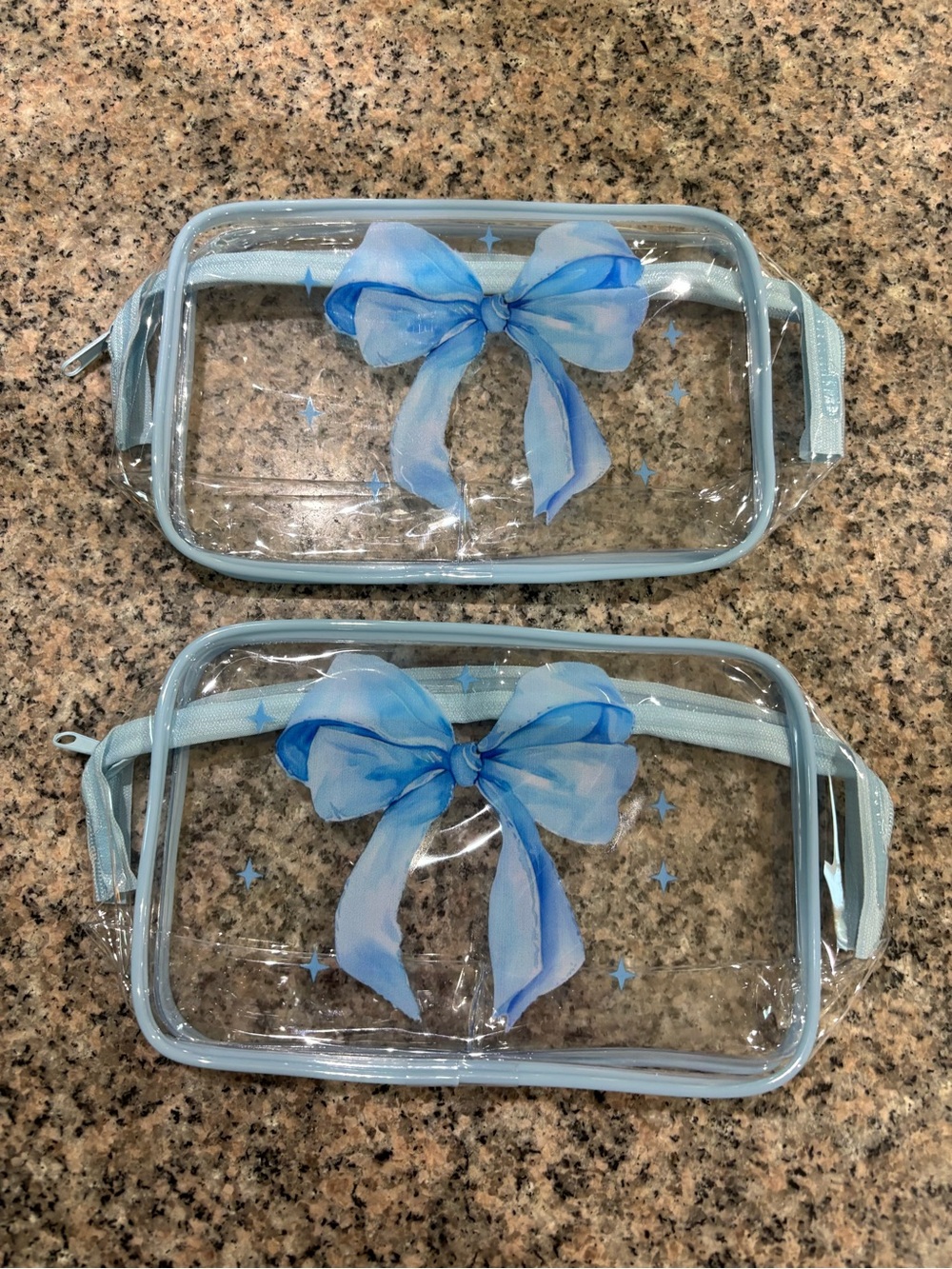 Clear Cosmetic Pouch with Blue Bow (Set of 2)